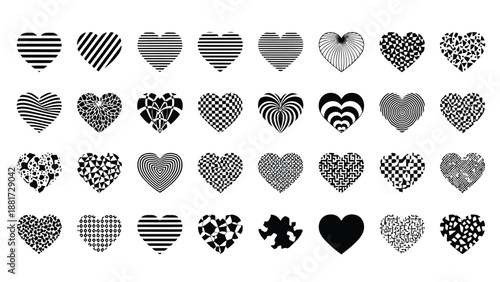 A collection of intricately patterned black and white hearts arranged in a visually appealing and repetitive display