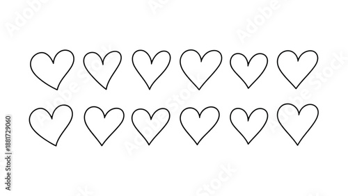 A collection of simple hand drawn black and white hearts arranged in two distinct rows showcasing affection