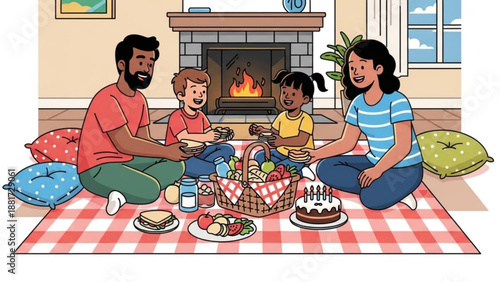 Family having indoor picnic by fireplace enjoying food and togetherness cozy home scene illustration