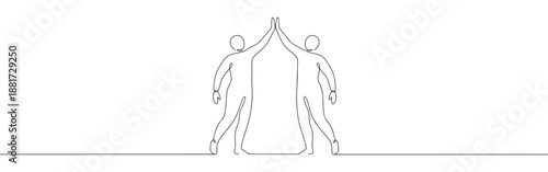Continuous one line drawing of two people giving a high five, celebrating success or partnership