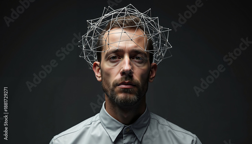 Man with abstract geometric headpiece in dark setting  