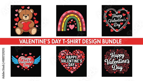 A vibrant valentine s day t shirt design bundle showcasing hearts rainbows bears and festive lettering for celebrations