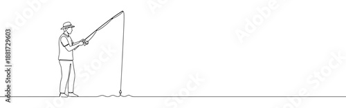 Continuous line drawing of a fisherman with a fishing rod, symbolizing leisure, outdoor activity, and patience