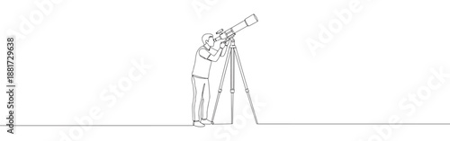 Continuous line drawing of a person looking through a telescope, symbolizing exploration, discovery, and scientific curiosity