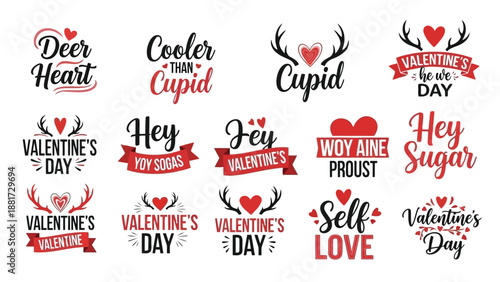 A vibrant collection of valentine s day themed typography with hearts deer and cupid illustrations displayed
