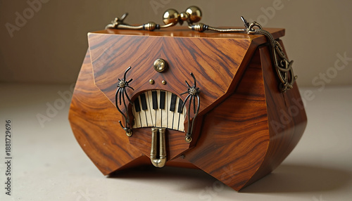 Vintage wooden music box with intricate spider design and keys  