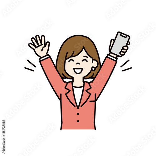 スマートフォンを持って万歳・大喜びする、若いビジネスウーマンのベクターイラスト素材＿カラー