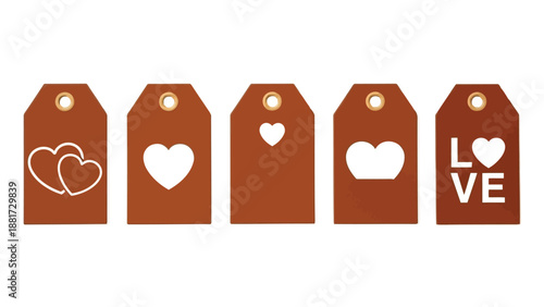 A series of brown tags displaying white heart designs and the word love arranged in a row