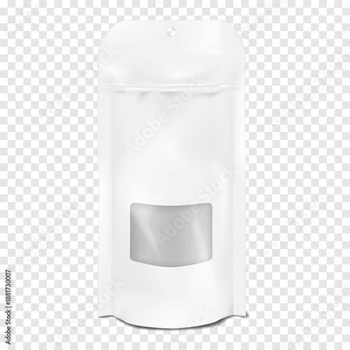 White tear notch zip lock clear window stand-up pouch with hanging hole. Realistic mock-up. Zipper standup bag package with transparent insert front. Easy editable vector mockup. Template for design