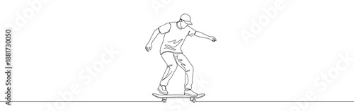 Continuous line drawing of a skateboarder in motion, symbolizing urban culture, youth, and active lifestyle