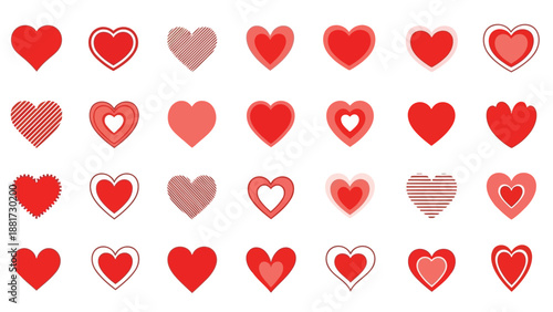 An assortment of differently styled red and pink hearts arranged in neat rows on a white background