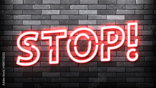 Vector neon sign of Stop text isolated on wall background.