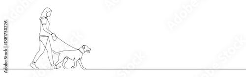 Continuous line drawing of a man walking a dog, symbolizing companionship, pet ownership, and outdoor activity