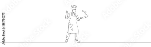Continuous line drawing of a chef cooking with a pan, symbolizing culinary art, professional cooking, and passion for food