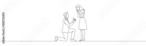 Continuous one line drawing of a man proposing to a woman, kneeling and offering an engagement ring