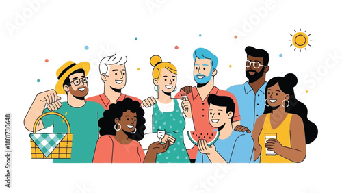 Diverse group of friends enjoying outdoor picnic together in sunshine