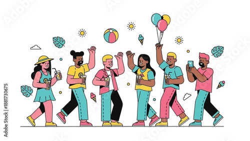 Diverse group of friends walking together enjoying summer with balloons and beach ball