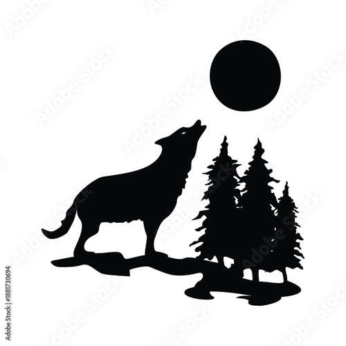 wolf howling in night silhouette design.