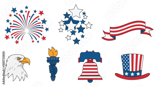 Patriotic american symbols and icons for independence day celebrations