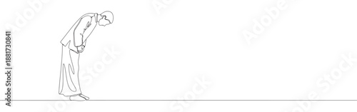 Continuous one line drawing of a person in traditional robes bowing deeply, a gesture of respect or humility