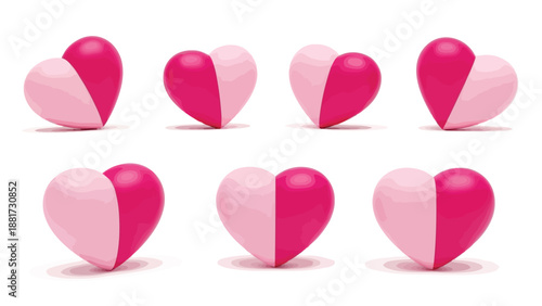 a set of eight overlapping pink and light pink heart shapes in various positions and angles combination