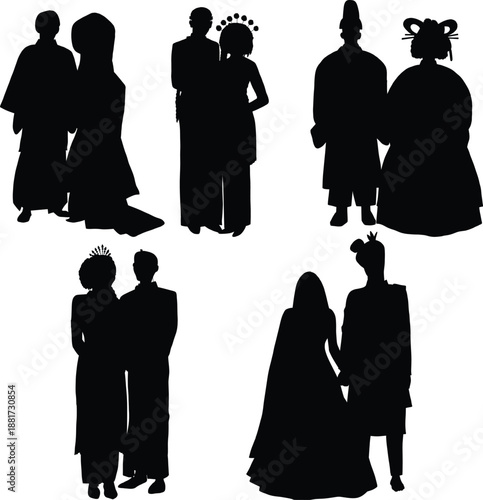 A set of black vector silhouettes featuring a group of business people, a family with a child, and a bride and groom standing together as a couple or team in a professional office meeting