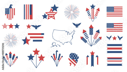 Patriotic american symbols and icons for independence day celebrations