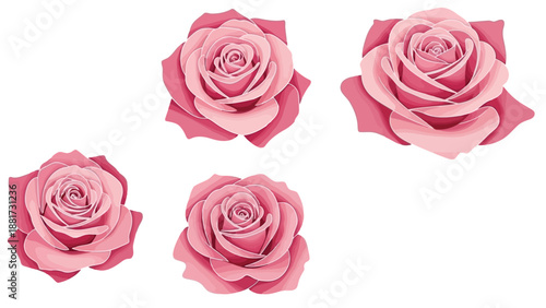 A collection of four beautifully rendered pink roses showcasing delicate petals and a soft romantic aesthetic