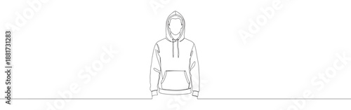 Continuous one line drawing of a person wearing a hoodie, standing with hands casually in pockets