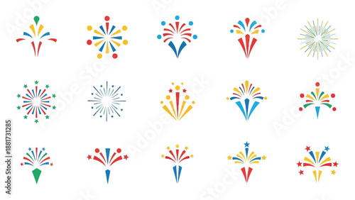 Vibrant firework icons in red blue yellow and green on white background
