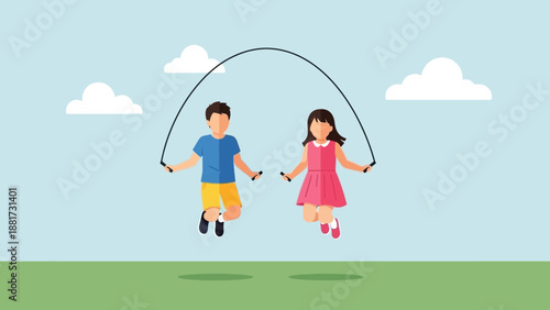 Two cheerful children, a boy and a girl, joyfully jumping rope together in a sunny park on a beautiful summer day, representing fun and active play