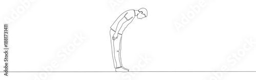 Continuous one line drawing of a man bowing deeply, a gesture of profound respect or traditional greeting