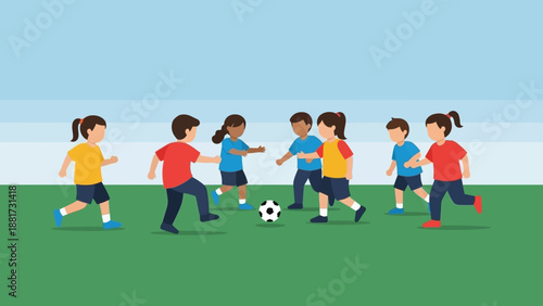 Diverse group of happy children playing a lively game of soccer on a vibrant green field under a clear blue sky, emphasizing teamwork and healthy outdoor activity for youth