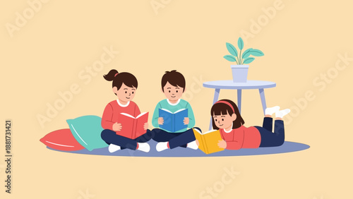 Three children sitting on the floor, engrossed in reading books, surrounded by pillows, with a potted plant and a small table in the background, illustrating the joy of reading