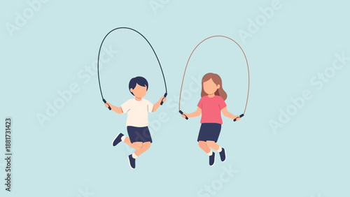 Two joyful children, a young boy and a girl, actively engage in jump rope exercise, showcasing a healthy and energetic childhood activity that promotes fitness and fun