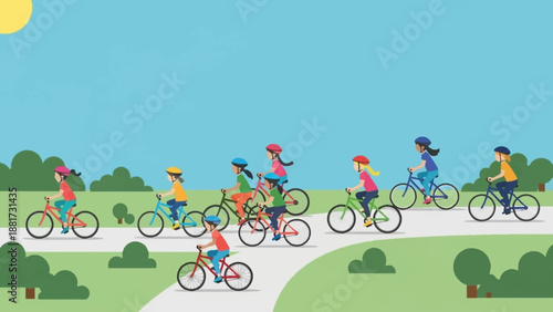 Joyful children of diverse backgrounds enjoying an active cycling journey through a picturesque park, fostering health, friendship, and outdoor exploration in a vibrant setting