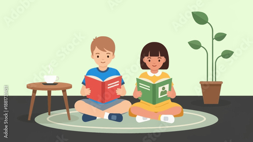 Captivating illustration of a diverse boy and girl joyfully engrossed in their books, peacefully sitting on a rug at home