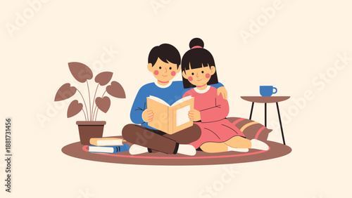 Joyful children spending quality time at home, immersed in a captivating book, fostering a love for reading and learning together