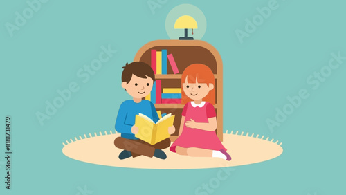 Adorable Young Children Engaged in a Storytelling Session, Sharing the Joy of Reading Together on a Cozy Rug with a Bookshelf and Lamp in the Background