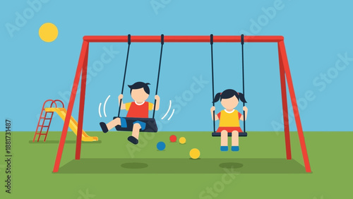Children enjoying swings and slides on a sunny day at the playground, illustrating childhood fun and outdoor recreation activities