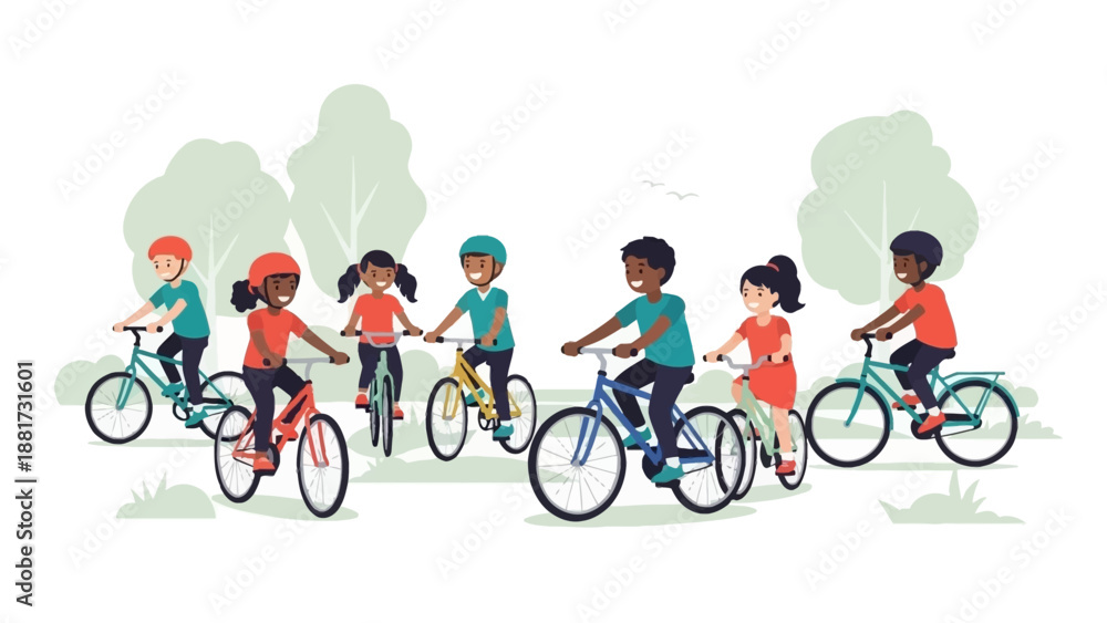 Obraz premium A joyful illustration of diverse children happily riding their bicycles together in a vibrant green park, celebrating outdoor recreation, health, and friendship
