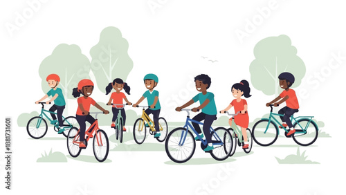 A joyful illustration of diverse children happily riding their bicycles together in a vibrant green park, celebrating outdoor recreation, health, and friendship