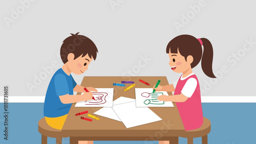 Young boy and girl happily drawing and coloring with crayons on paper at a table, fostering creativity, imagination, and artistic development