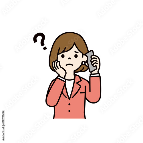 困った様子でスマートフォンで通話する、若いビジネスウーマンのベクターイラスト素材＿カラー