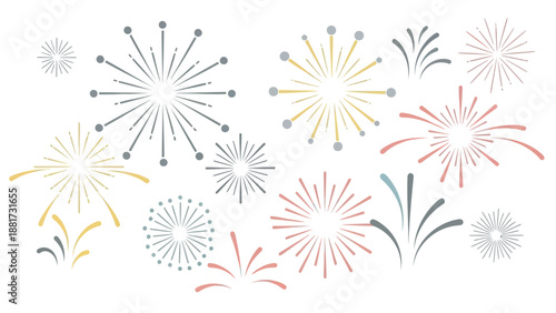 Colorful fireworks explosions on white background for celebrations and events
