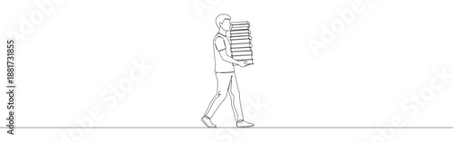 Continuous one line drawing of a person carrying a tall stack of books, representing learning and knowledge