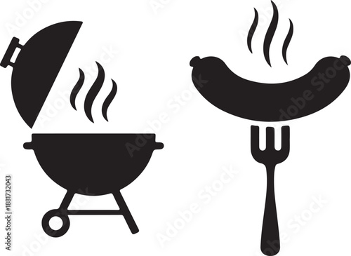 Print Barbecue Grill and Grilled Sausage on Fork Icon Set Vector