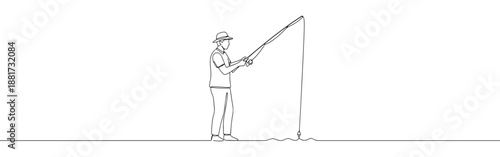 Continuous line drawing of a fisherman with a fishing rod, symbolizing leisure, outdoor activity, and patience