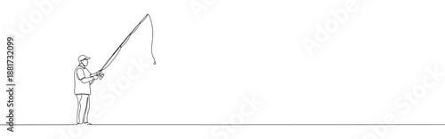 Continuous line drawing of a fisherman with a fishing rod, symbolizing leisure, outdoor activity, and patience