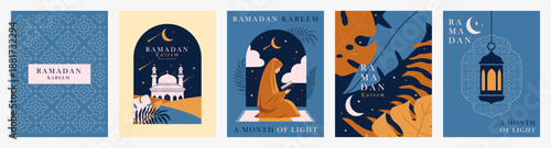 Ramadan holiday greeting card with mosque, lantern, crescent moon and praying woman. Modern flat design with Islamic patterns, warm colors and night sky mood for posters, cards and social media.
